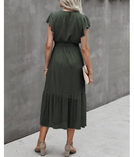 BTFBM Women Summer Bohemian Floral Casual Wrap V Neck Ruffle Cap Sleeveless Belt A-Line Pleated Hem Midi Sun Dress White