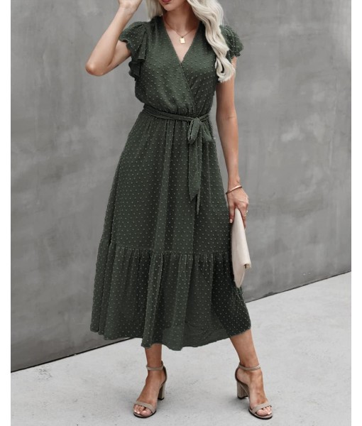 BTFBM Women Summer Bohemian Floral Casual Wrap V Neck Ruffle Cap Sleeveless Belt A-Line Pleated Hem Midi Sun Dress White