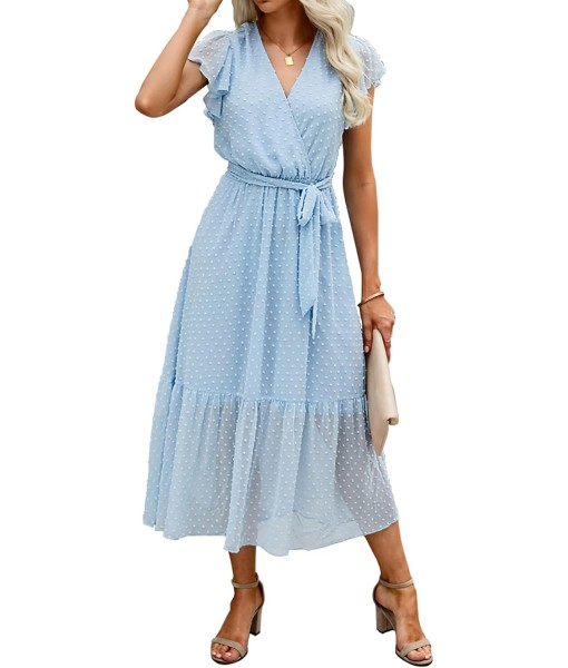 BTFBM Women Summer Bohemian Floral Casual Wrap V Neck Ruffle Cap Sleeveless Belt A-Line Pleated Hem Midi Sun Dress White