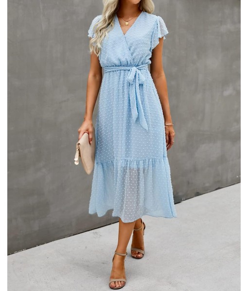 BTFBM Women Summer Bohemian Floral Casual Wrap V Neck Ruffle Cap Sleeveless Belt A-Line Pleated Hem Midi Sun Dress White