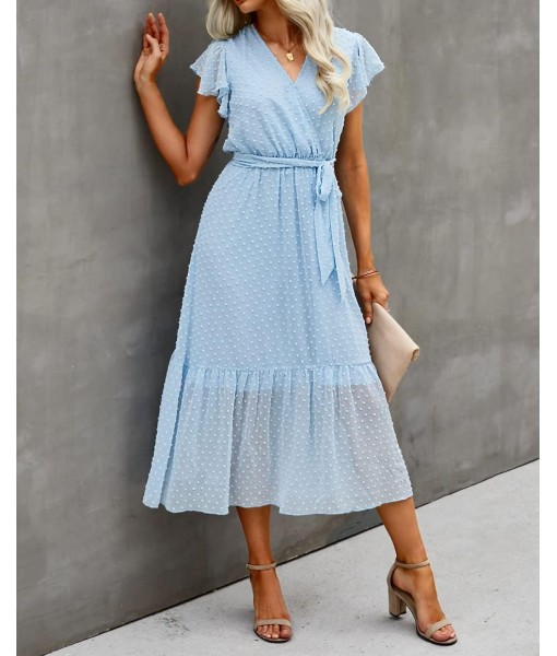 BTFBM Women Summer Bohemian Floral Casual Wrap V Neck Ruffle Cap Sleeveless Belt A-Line Pleated Hem Midi Sun Dress White