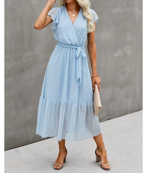BTFBM Women Summer Bohemian Floral Casual Wrap V Neck Ruffle Cap Sleeveless Belt A-Line Pleated Hem Midi Sun Dress White