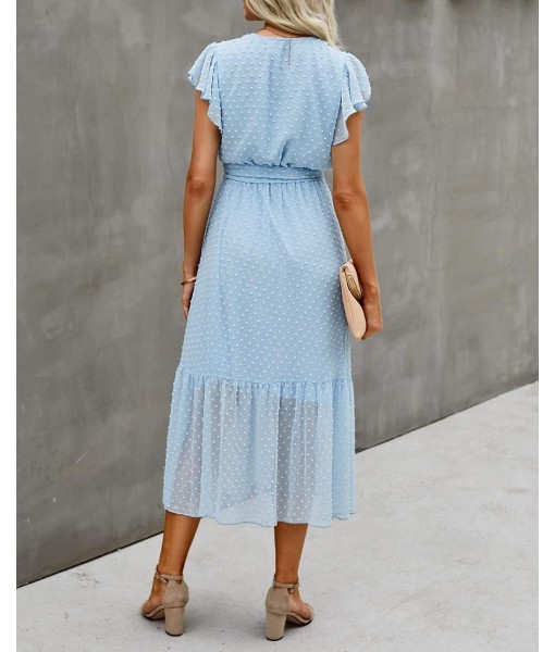 BTFBM Women Summer Bohemian Floral Casual Wrap V Neck Ruffle Cap Sleeveless Belt A-Line Pleated Hem Midi Sun Dress White