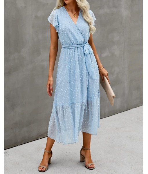 BTFBM Women Summer Bohemian Floral Casual Wrap V Neck Ruffle Cap Sleeveless Belt A-Line Pleated Hem Midi Sun Dress White