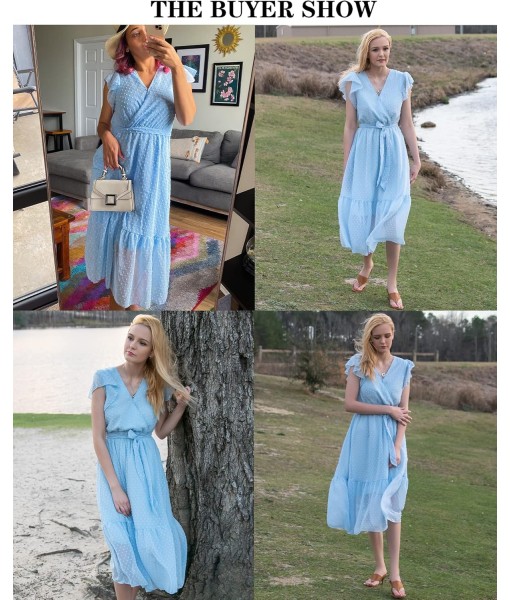 BTFBM Women Summer Bohemian Floral Casual Wrap V Neck Ruffle Cap Sleeveless Belt A-Line Pleated Hem Midi Sun Dress White