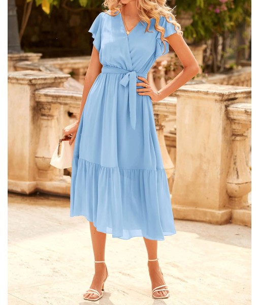 BTFBM Women Summer Bohemian Floral Casual Wrap V Neck Ruffle Cap Sleeveless Belt A-Line Pleated Hem Midi Sun Dress White
