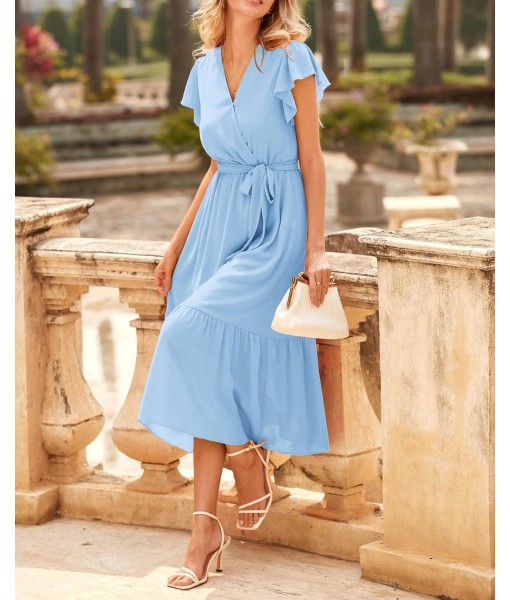 BTFBM Women Summer Bohemian Floral Casual Wrap V Neck Ruffle Cap Sleeveless Belt A-Line Pleated Hem Midi Sun Dress White