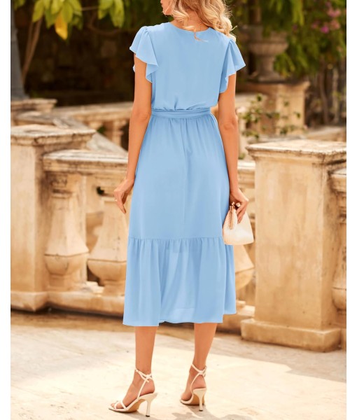 BTFBM Women Summer Bohemian Floral Casual Wrap V Neck Ruffle Cap Sleeveless Belt A-Line Pleated Hem Midi Sun Dress White