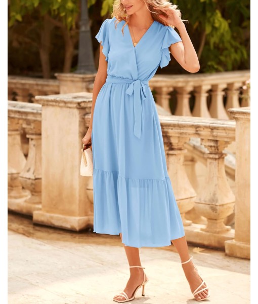 BTFBM Women Summer Bohemian Floral Casual Wrap V Neck Ruffle Cap Sleeveless Belt A-Line Pleated Hem Midi Sun Dress White