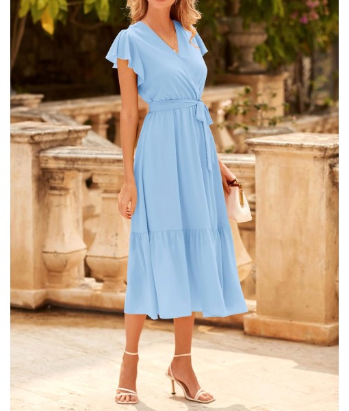 BTFBM Women Summer Bohemian Floral Casual Wrap V Neck Ruffle Cap Sleeveless Belt A-Line Pleated Hem Midi Sun Dress White
