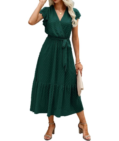 BTFBM Women Summer Bohemian Floral Casual Wrap V Neck Ruffle Cap Sleeveless Belt A-Line Pleated Hem Midi Sun Dress White