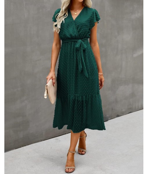 BTFBM Women Summer Bohemian Floral Casual Wrap V Neck Ruffle Cap Sleeveless Belt A-Line Pleated Hem Midi Sun Dress White
