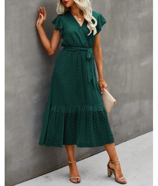 BTFBM Women Summer Bohemian Floral Casual Wrap V Neck Ruffle Cap Sleeveless Belt A-Line Pleated Hem Midi Sun Dress White