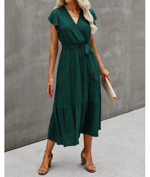 BTFBM Women Summer Bohemian Floral Casual Wrap V Neck Ruffle Cap Sleeveless Belt A-Line Pleated Hem Midi Sun Dress White