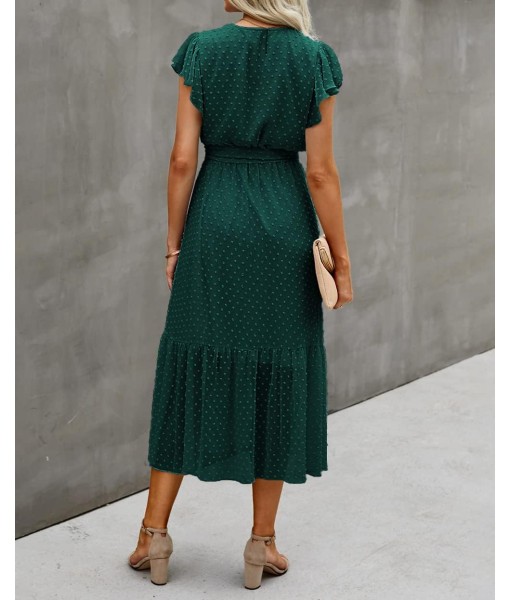 BTFBM Women Summer Bohemian Floral Casual Wrap V Neck Ruffle Cap Sleeveless Belt A-Line Pleated Hem Midi Sun Dress White