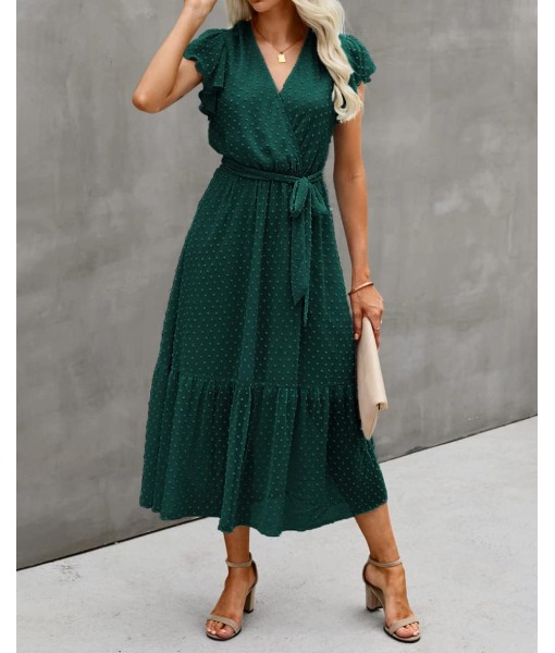 BTFBM Women Summer Bohemian Floral Casual Wrap V Neck Ruffle Cap Sleeveless Belt A-Line Pleated Hem Midi Sun Dress White
