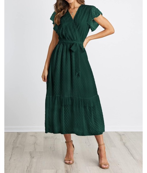 BTFBM Women Summer Bohemian Floral Casual Wrap V Neck Ruffle Cap Sleeveless Belt A-Line Pleated Hem Midi Sun Dress White