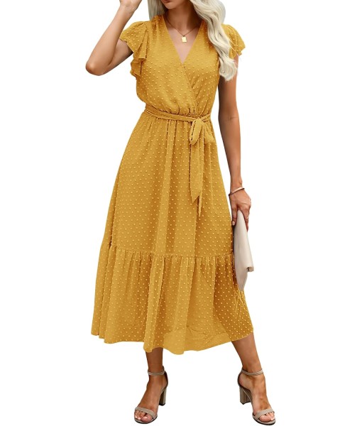 BTFBM Women Summer Bohemian Floral Casual Wrap V Neck Ruffle Cap Sleeveless Belt A-Line Pleated Hem Midi Sun Dress White