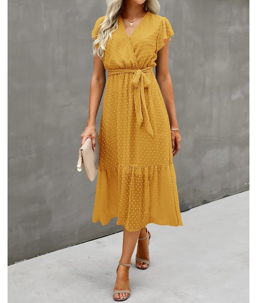BTFBM Women Summer Bohemian Floral Casual Wrap V Neck Ruffle Cap Sleeveless Belt A-Line Pleated Hem Midi Sun Dress White