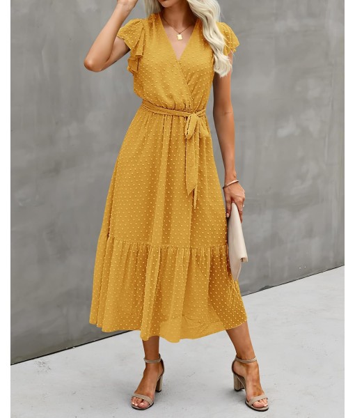 BTFBM Women Summer Bohemian Floral Casual Wrap V Neck Ruffle Cap Sleeveless Belt A-Line Pleated Hem Midi Sun Dress White