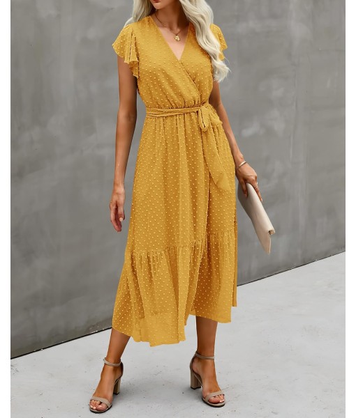 BTFBM Women Summer Bohemian Floral Casual Wrap V Neck Ruffle Cap Sleeveless Belt A-Line Pleated Hem Midi Sun Dress White