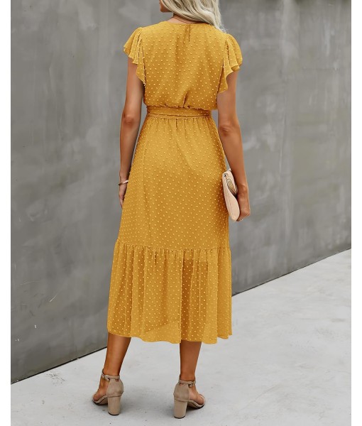 BTFBM Women Summer Bohemian Floral Casual Wrap V Neck Ruffle Cap Sleeveless Belt A-Line Pleated Hem Midi Sun Dress White