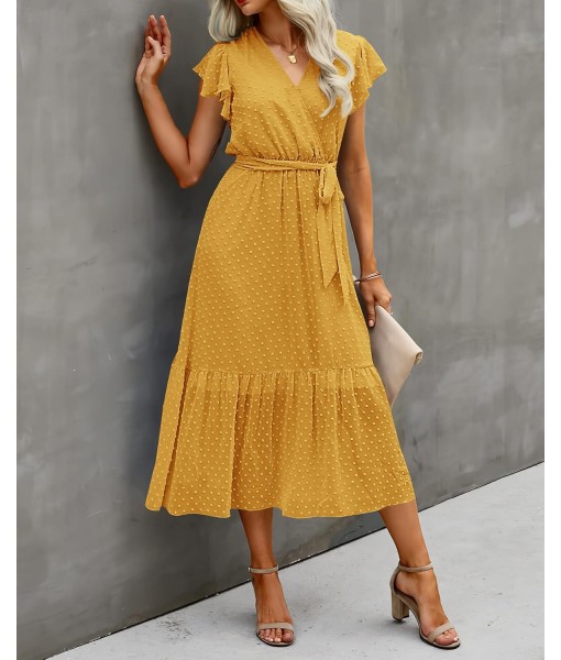 BTFBM Women Summer Bohemian Floral Casual Wrap V Neck Ruffle Cap Sleeveless Belt A-Line Pleated Hem Midi Sun Dress White