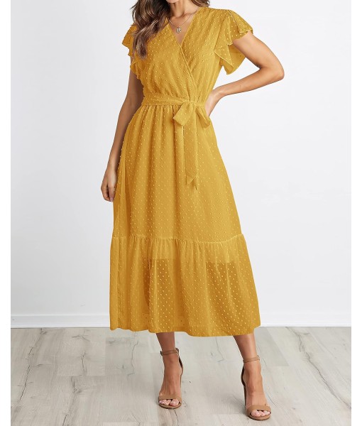 BTFBM Women Summer Bohemian Floral Casual Wrap V Neck Ruffle Cap Sleeveless Belt A-Line Pleated Hem Midi Sun Dress White