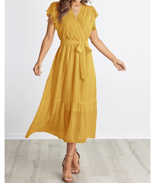 BTFBM Women Summer Bohemian Floral Casual Wrap V Neck Ruffle Cap Sleeveless Belt A-Line Pleated Hem Midi Sun Dress White