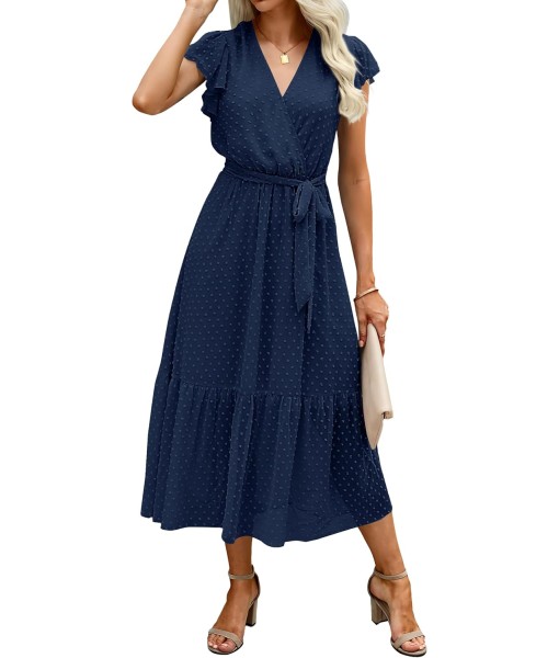 BTFBM Women Summer Bohemian Floral Casual Wrap V Neck Ruffle Cap Sleeveless Belt A-Line Pleated Hem Midi Sun Dress White
