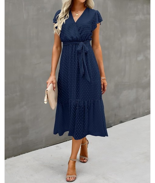 BTFBM Women Summer Bohemian Floral Casual Wrap V Neck Ruffle Cap Sleeveless Belt A-Line Pleated Hem Midi Sun Dress White