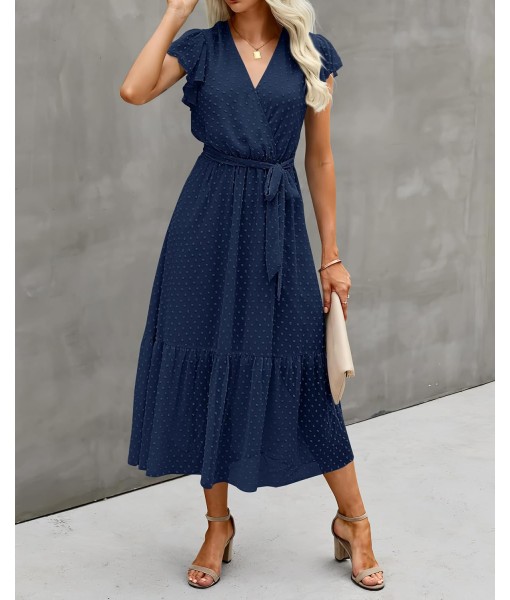 BTFBM Women Summer Bohemian Floral Casual Wrap V Neck Ruffle Cap Sleeveless Belt A-Line Pleated Hem Midi Sun Dress White
