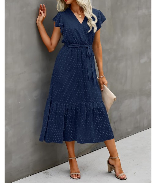 BTFBM Women Summer Bohemian Floral Casual Wrap V Neck Ruffle Cap Sleeveless Belt A-Line Pleated Hem Midi Sun Dress White