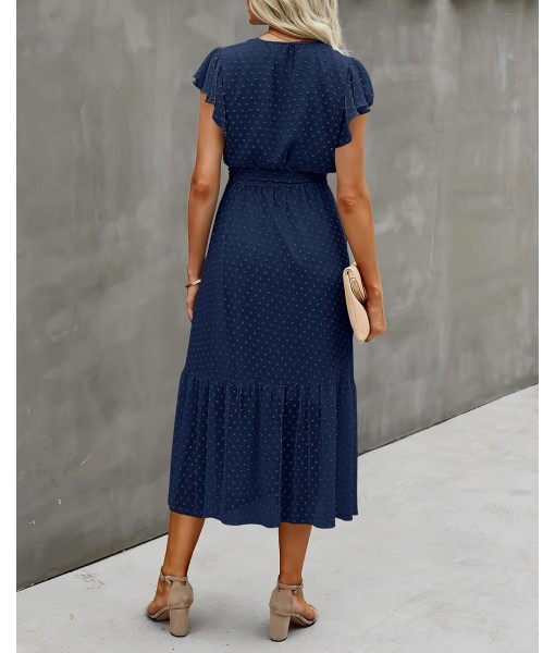 BTFBM Women Summer Bohemian Floral Casual Wrap V Neck Ruffle Cap Sleeveless Belt A-Line Pleated Hem Midi Sun Dress White