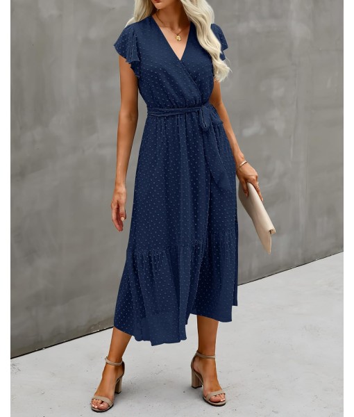 BTFBM Women Summer Bohemian Floral Casual Wrap V Neck Ruffle Cap Sleeveless Belt A-Line Pleated Hem Midi Sun Dress White