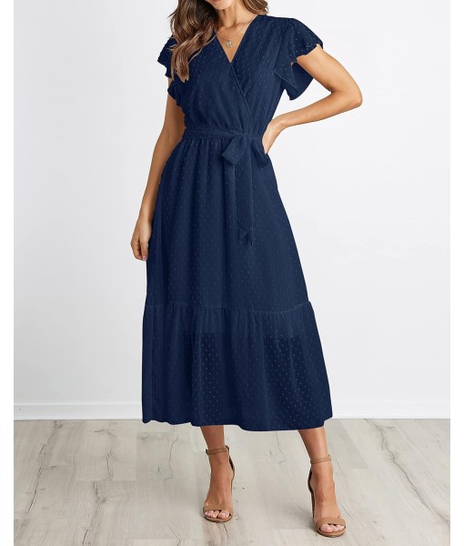 BTFBM Women Summer Bohemian Floral Casual Wrap V Neck Ruffle Cap Sleeveless Belt A-Line Pleated Hem Midi Sun Dress White