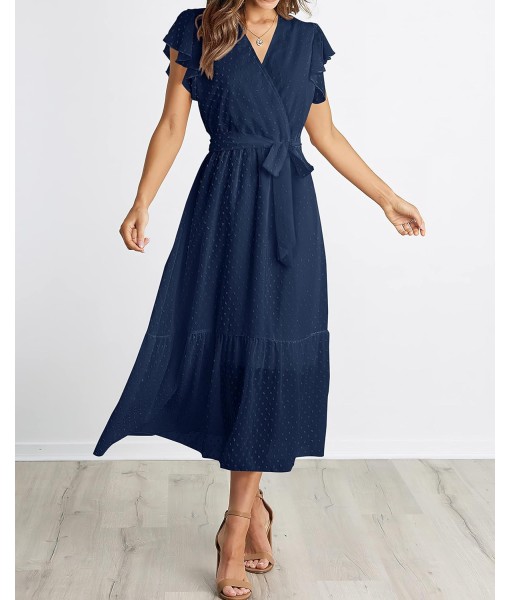 BTFBM Women Summer Bohemian Floral Casual Wrap V Neck Ruffle Cap Sleeveless Belt A-Line Pleated Hem Midi Sun Dress White