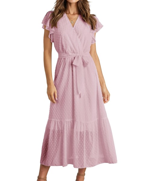 BTFBM Women Summer Bohemian Floral Casual Wrap V Neck Ruffle Cap Sleeveless Belt A-Line Pleated Hem Midi Sun Dress White