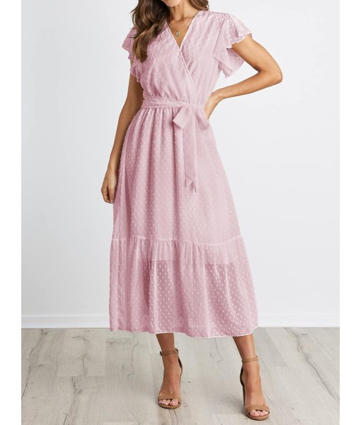 BTFBM Women Summer Bohemian Floral Casual Wrap V Neck Ruffle Cap Sleeveless Belt A-Line Pleated Hem Midi Sun Dress White