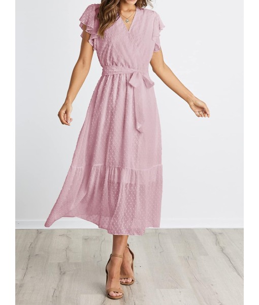 BTFBM Women Summer Bohemian Floral Casual Wrap V Neck Ruffle Cap Sleeveless Belt A-Line Pleated Hem Midi Sun Dress White