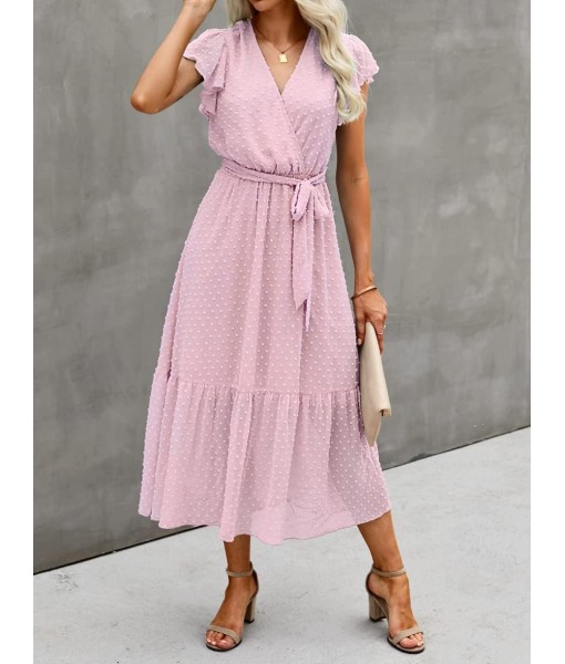 BTFBM Women Summer Bohemian Floral Casual Wrap V Neck Ruffle Cap Sleeveless Belt A-Line Pleated Hem Midi Sun Dress White