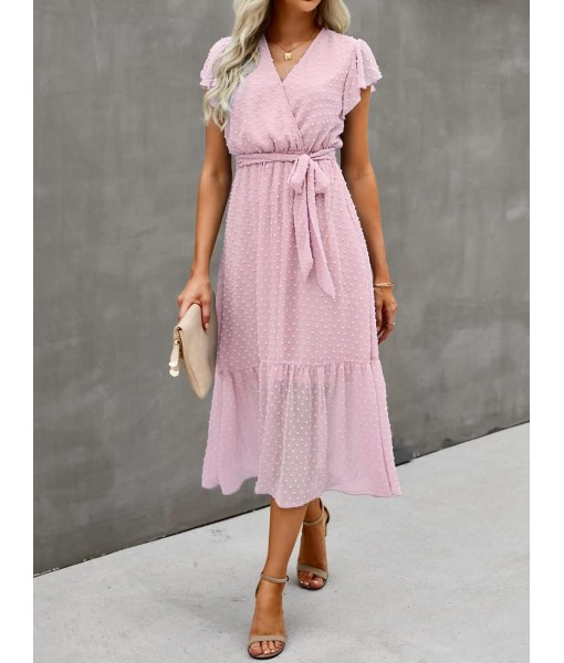 BTFBM Women Summer Bohemian Floral Casual Wrap V Neck Ruffle Cap Sleeveless Belt A-Line Pleated Hem Midi Sun Dress White