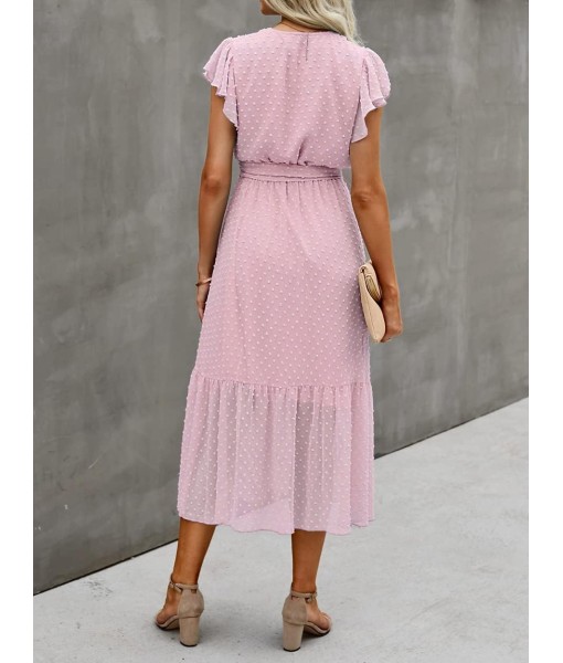 BTFBM Women Summer Bohemian Floral Casual Wrap V Neck Ruffle Cap Sleeveless Belt A-Line Pleated Hem Midi Sun Dress White