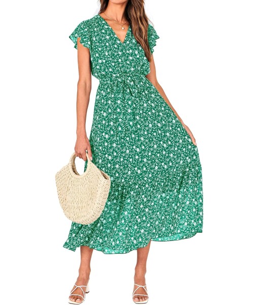 BTFBM Women Summer Bohemian Floral Casual Wrap V Neck Ruffle Cap Sleeveless Belt A-Line Pleated Hem Midi Sun Dress White