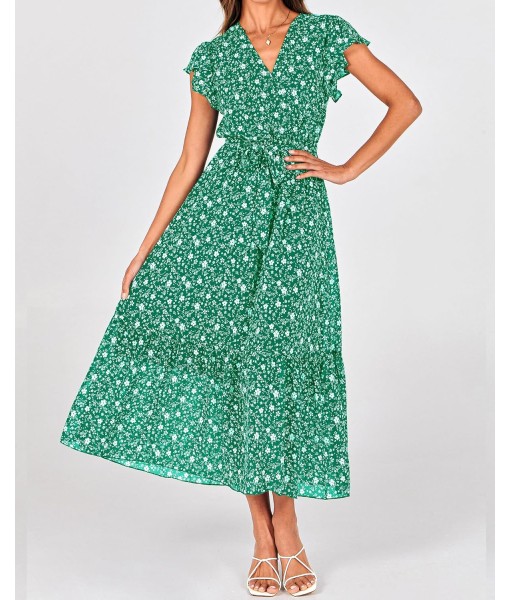 BTFBM Women Summer Bohemian Floral Casual Wrap V Neck Ruffle Cap Sleeveless Belt A-Line Pleated Hem Midi Sun Dress White