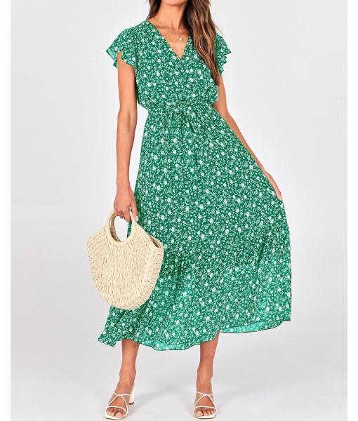 BTFBM Women Summer Bohemian Floral Casual Wrap V Neck Ruffle Cap Sleeveless Belt A-Line Pleated Hem Midi Sun Dress White