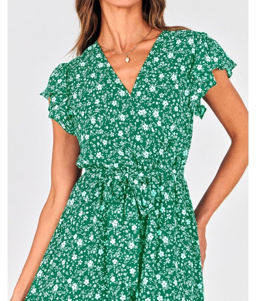 BTFBM Women Summer Bohemian Floral Casual Wrap V Neck Ruffle Cap Sleeveless Belt A-Line Pleated Hem Midi Sun Dress White