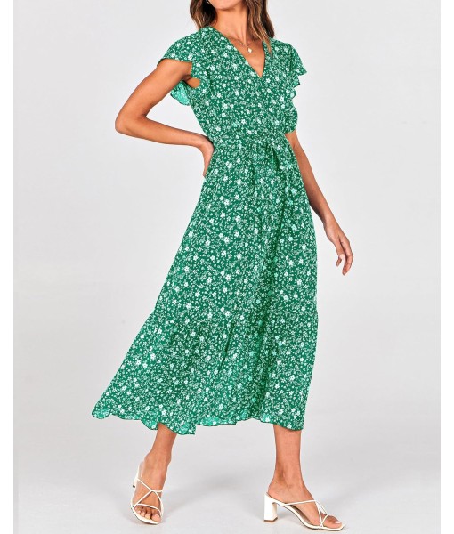 BTFBM Women Summer Bohemian Floral Casual Wrap V Neck Ruffle Cap Sleeveless Belt A-Line Pleated Hem Midi Sun Dress White
