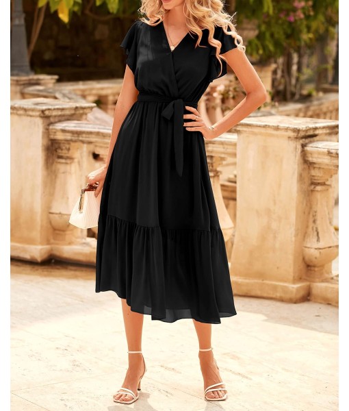 BTFBM Women Summer Bohemian Floral Casual Wrap V Neck Ruffle Cap Sleeveless Belt A-Line Pleated Hem Midi Sun Dress White