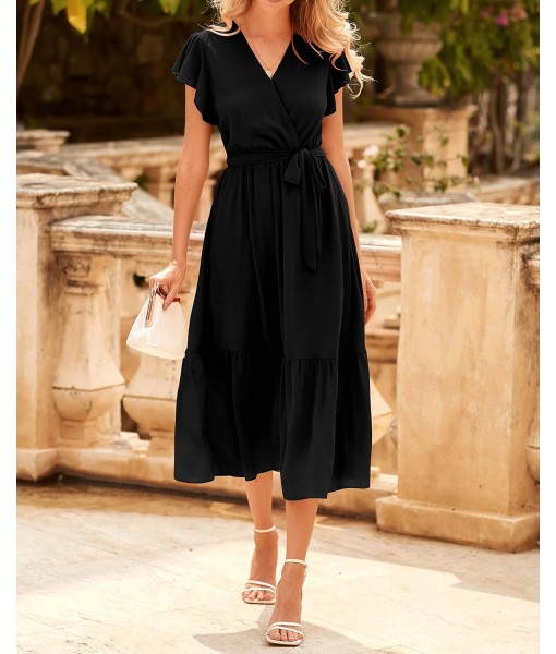 BTFBM Women Summer Bohemian Floral Casual Wrap V Neck Ruffle Cap Sleeveless Belt A-Line Pleated Hem Midi Sun Dress White